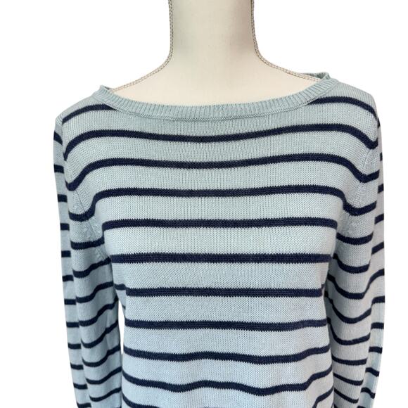 TALBOTS 100% Linen Sweater Size L Navy Light Blue Stripe - Picture 5 of 9